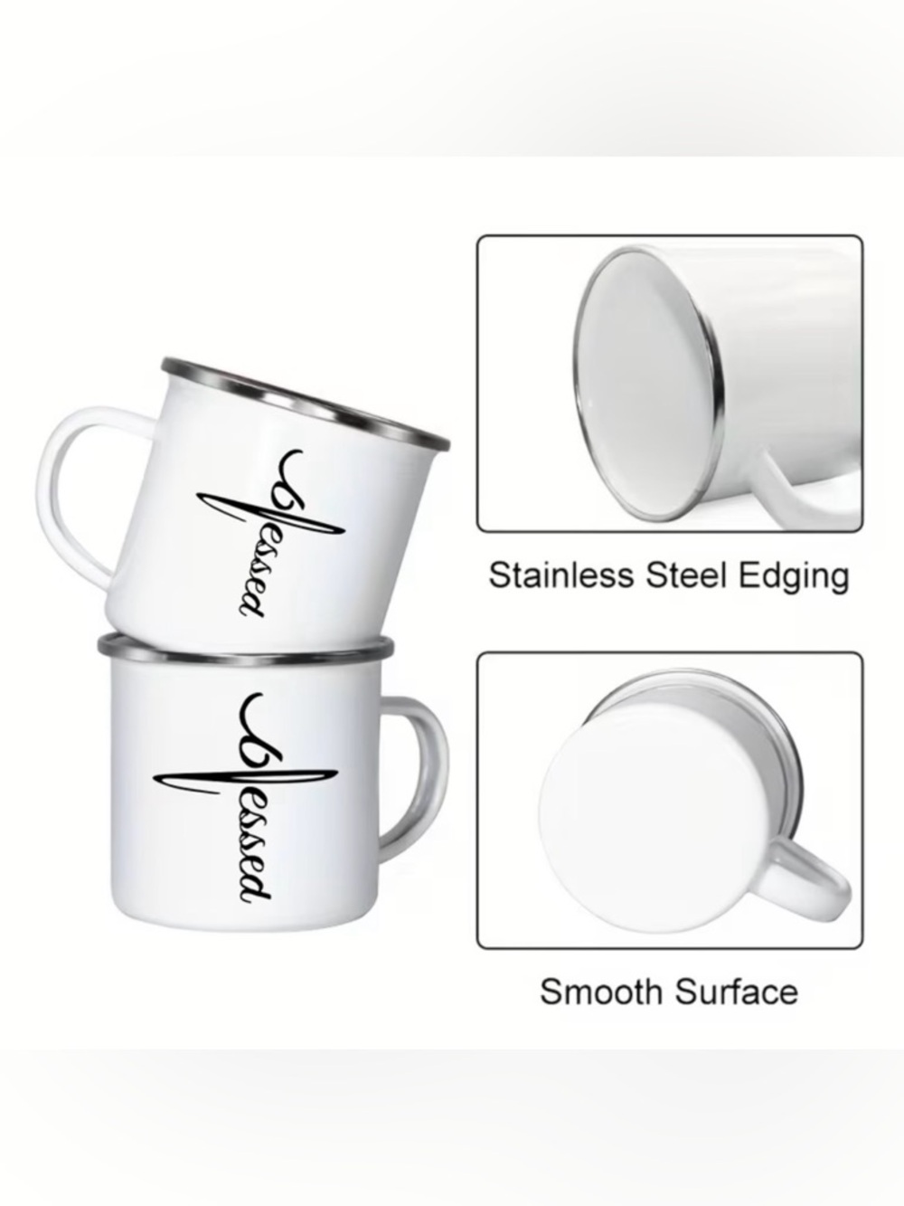 Coffee Mug 12 oz 'Blessed' Mug White Enamel Over Stainless Steel NIB - Picture 4 of 5